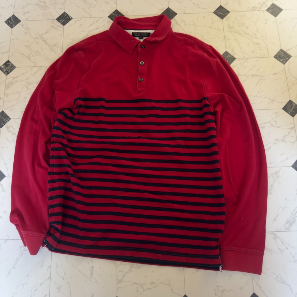 Banana Republic Performance Pique Polo Red Black Stripe Medium